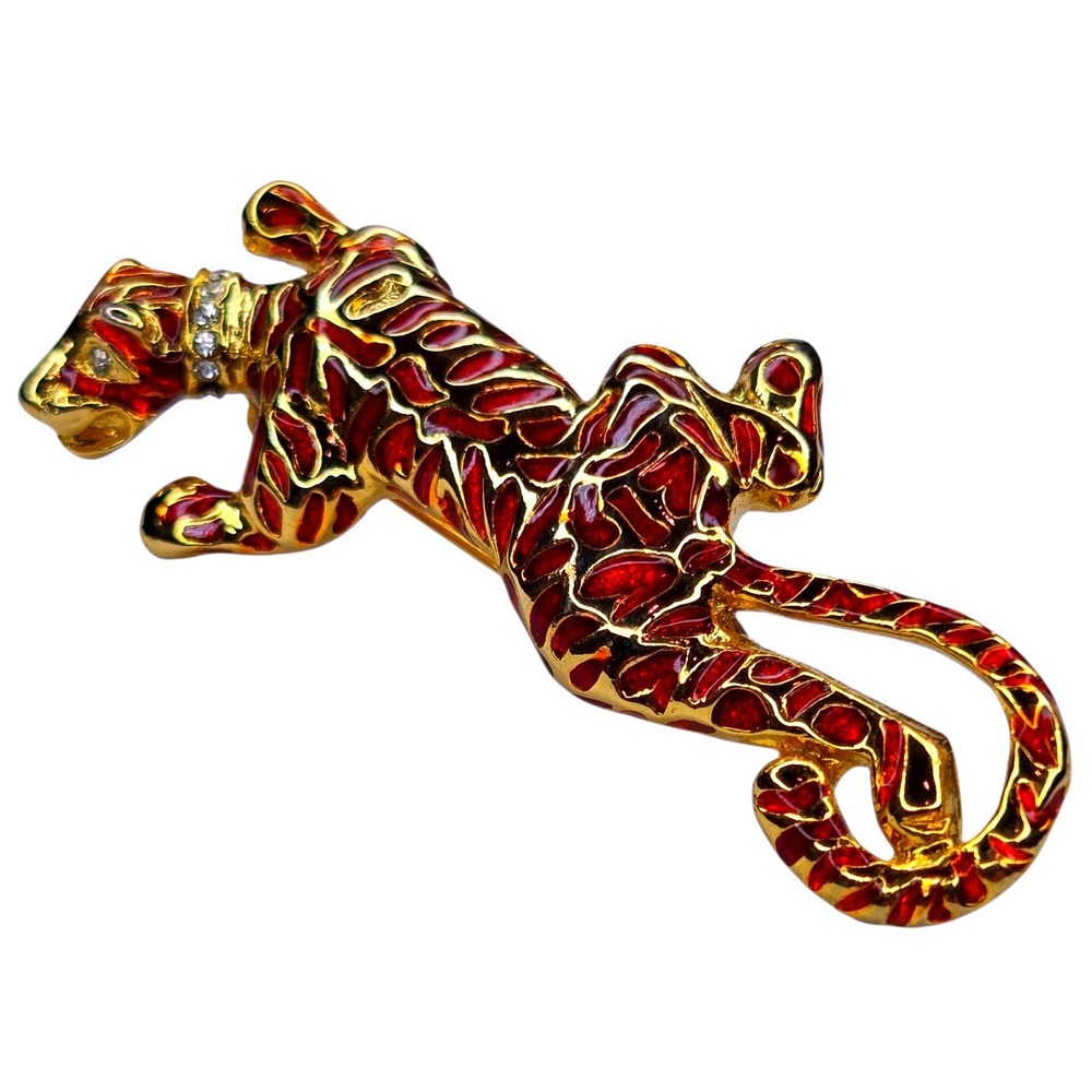 Vintage Leopard Brooch Enamel Red Gold Tone Rhinestone Panther Pin